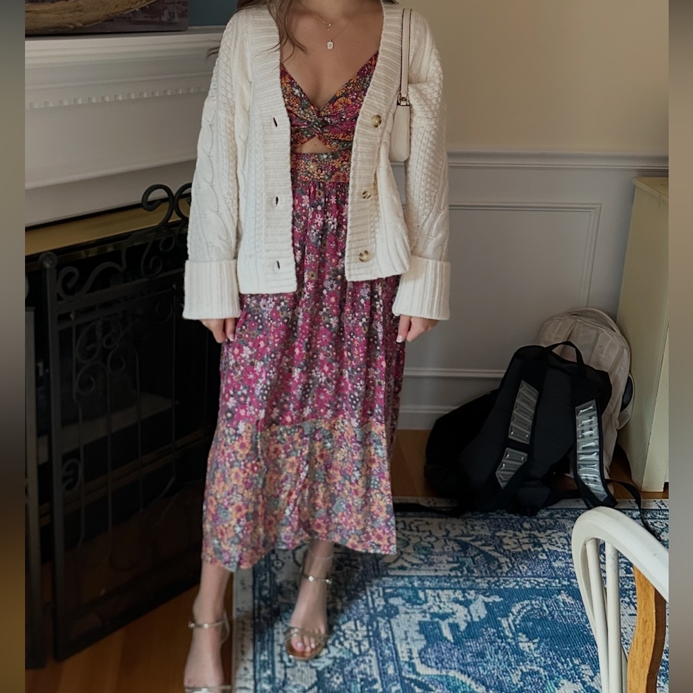 Angie Pink Floral Midi Dress with V-Neck